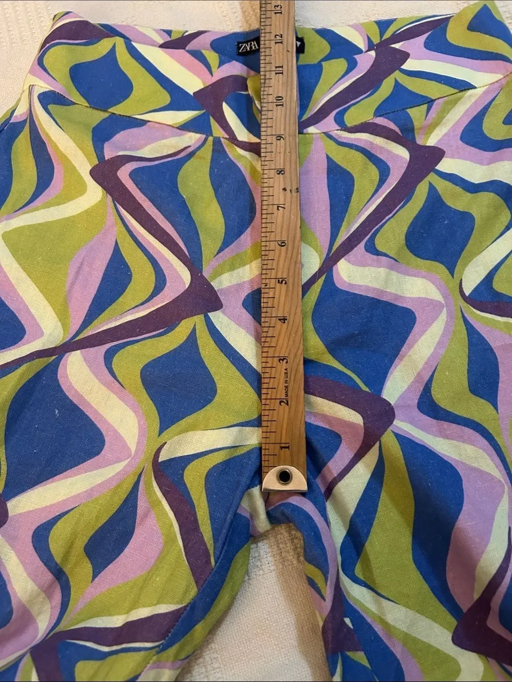Zara Linen Blend Flared High Rise Pants Multicolor Geometric Print Sz Med